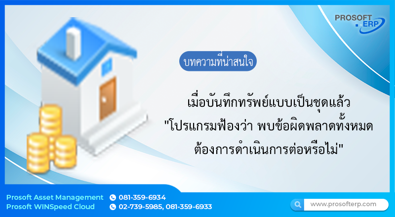 บันทึกทรัพย์แบบเป็นชุดแล้ว "โปรแกรมฟ้องว่า พบข้อผิดพลาดทั้งหมด ต้องการดำเนินการต่อหรือไม่"